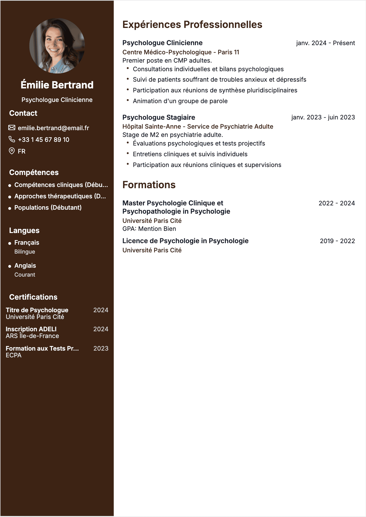 Télécharger le modèle de CV CV Psychologue Modèle de CV CV Psychologue - Niveau Débutant | Template professionnel optimisé ATS