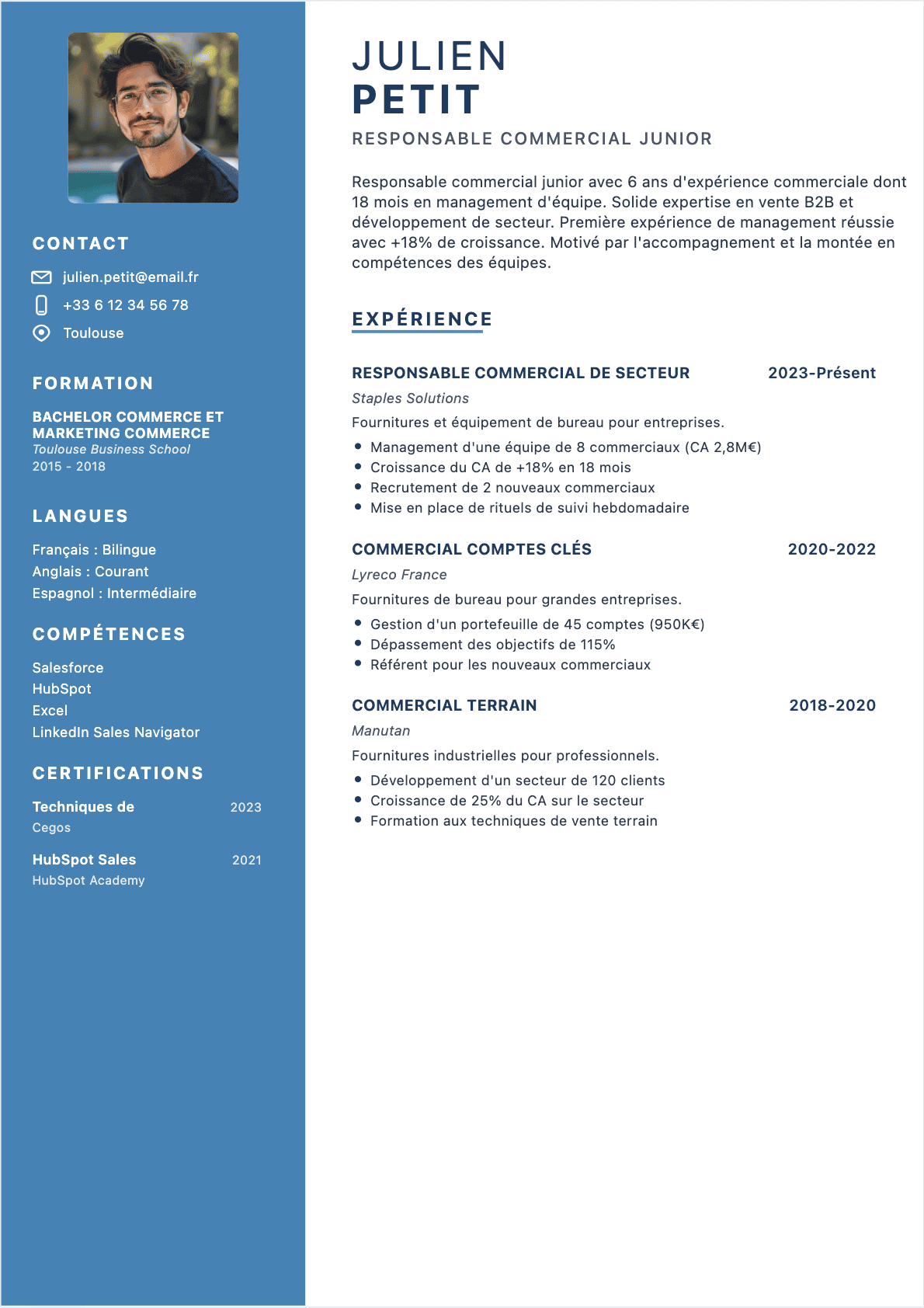Télécharger le modèle de CV CV Responsable commercial Modèle de CV CV Responsable commercial - Niveau Débutant | Template professionnel optimisé ATS