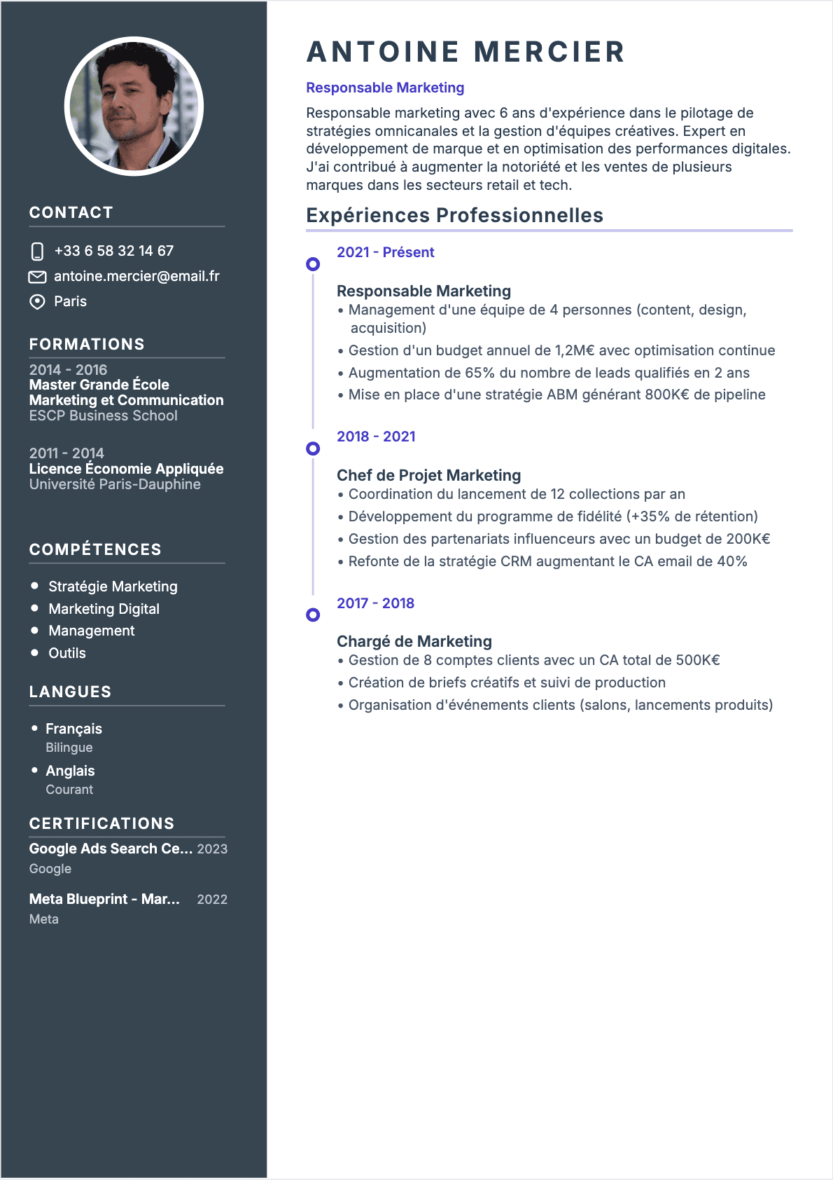 Télécharger le modèle de CV CV Responsable marketing Modèle de CV CV Responsable marketing - Niveau Confirmé | Template professionnel optimisé ATS